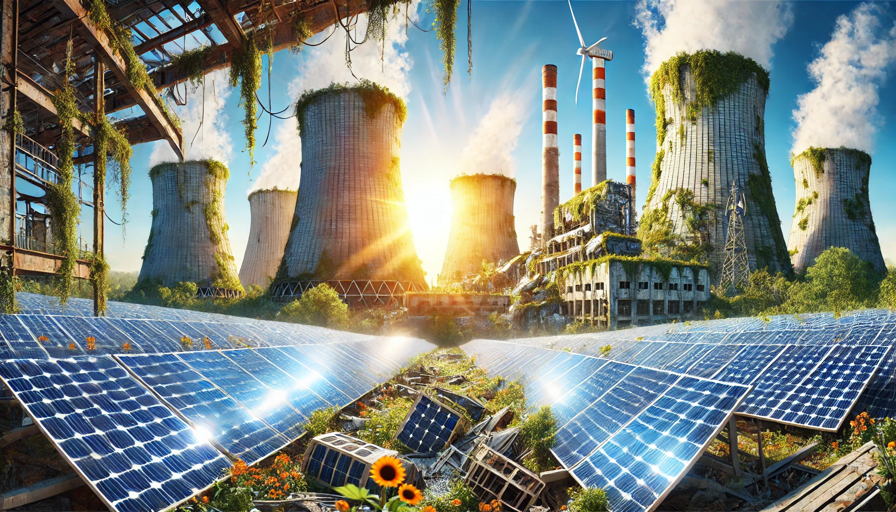 Die Ära der fossilen Energieträger geht zu Ende 1 DALL·E 2024 08 03 22.24.51 In the foreground a vibrant scene with state of the art intact solar panels gleaming under bright sunlight symbolizing abundant clean energy. The s
